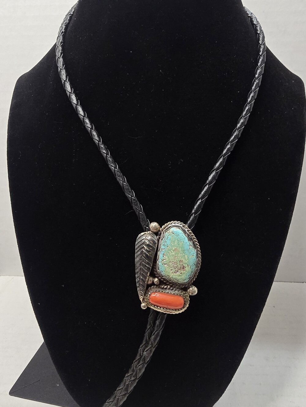 Vintage Native American Signed E&CR Sterling Silver Turquoise & Coral Bolo 36"